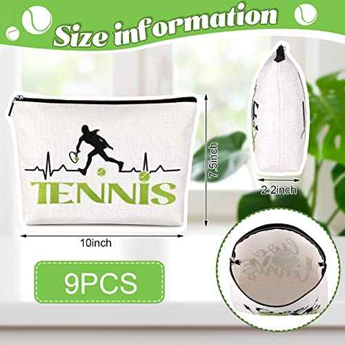 Pinkunn 9 Pieces Tennis Gifts for Women Tennis Makeup Bag Tennis Accessories Pouch Bag for Tennis Travel Zipper Cosmetic Bags for Tennis Lover Player Team Novelty Graduation Birthday Xmas Gift
