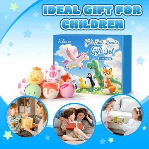Aofmee Bath Bombs for Kids, 12 Pcs Bubble Bath Balls with 6 Animal Shapes and Fruity Aroma, Essential Oil Natural Organic Fizzy Spa Set for Boys Girls, Gift for Children Birthday Christmas