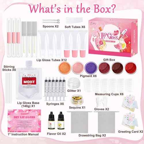 JCOOS Lip Gloss Making Kit, Make Your Own Lip Gloss Kit for Women Beginner, Girls, Diy Lipgloss Making Kits Lip Oil, Moisturizing Base, Pigments, Tubes, Women Gifts Unique, Popular Teen Girl Stuff