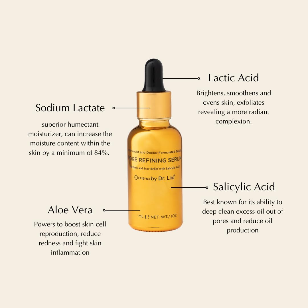EpiLynx Pore Refining Serum - Lactic Acid Serum with Hyaluronic Acid, Aloe & Lingonberry for Skin Texture, Pore Refining & Hydrating - AHA BHA Exfoliate for Face 1oz