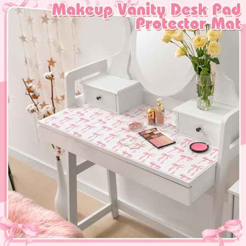 Coquette Bow Makeup Mat for Vanity Top Protector, Dual Sided Leather Vanity Waterproof Desk Pad Dressing Blotter Mat Nonstick for Women Home Office Decor Work(Pink,15.7" X 31.5")