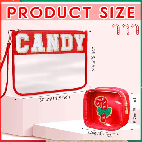 Hillban 2 Pcs Christmas Gifts Chenille Letter Bags Xmas Makeup Cosmetic Bag Clear Toiletry Zipper pouch Candy Canes purse Waterproof Travel Purse Preppy Things for Women Holiday Present
