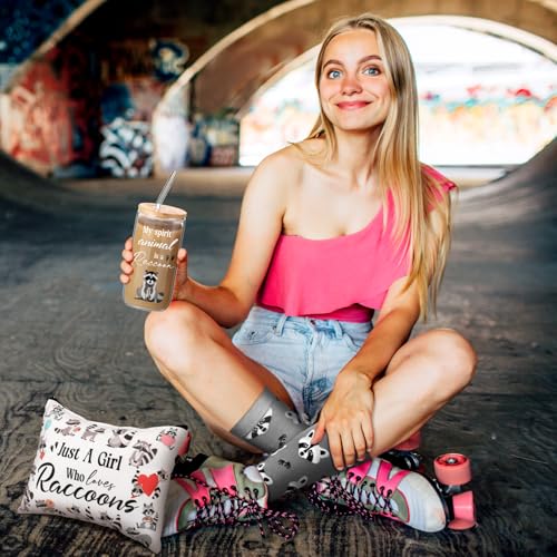 Layhit 3 Pcs Raccoon Gifts for Women Teaches Day Thank You Gift 16 oz Coffee Glass Cosmetic Makeup Bag Cute Socks for Friend Teacher Colleague Employee