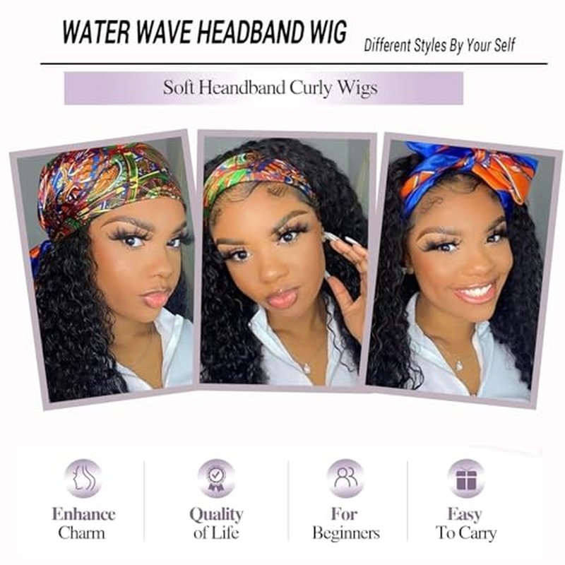 Curly Headband Wigs for Black Women Wet and Wavy Afro Headband Wig Water Wave Blend Human Hair & Synthetic Hair Ready to Go Glueless Half Wigs 180% Density (Black-#1B, 20 Inch)