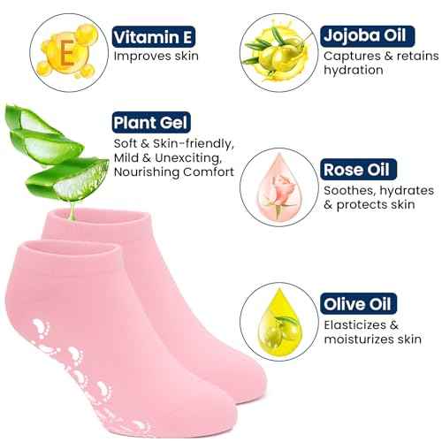 Moisturizing Gel Socks for Women, Full Foot Silicone Socks (Up to Size 7.5) - 2 Pairs Spa Foot Socks with Aloe Vera, Vitamin E & Oil for Dry Cracked Feet, Heel Repair Treatment