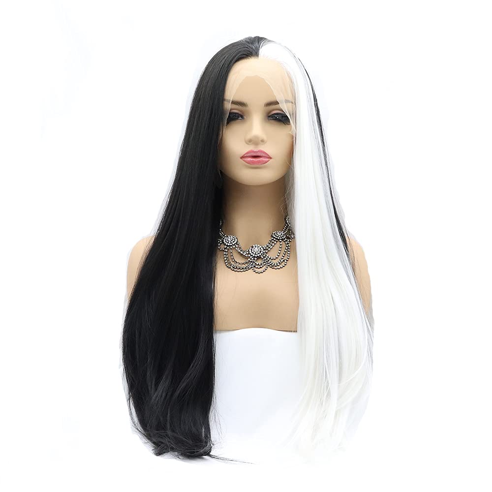 Sylvia 24inches Half Balck and Half White 2 Tones Side Parting Naural Glueless Hairstyle Heat Resistant Synthetic Lace Front wigs for Women