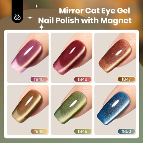 beetles Gel Polish Golden Mirage Cat Eye Gel Nail Polish Set - 6 Colors Pink Red Brown Green Blue Glitter Fall Gel Nail Kit, Magnetic Shine Soak Off UV Gel for Salon DIY Manicure Gift for Women