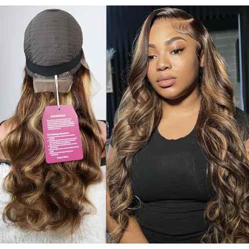 SWEETGIRL Highlight Ombre 13x6 Lace Front Wig Human Hair Body Wave Lace Front Wigs Human Hair Pre Plucked Honey Blonde P4/27 Ombre Colored Lace Frontal Wigs for Women 180 Density 28 Inches