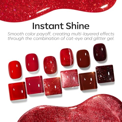 modelones Christmas Red Gel Nail Polish Set 6 Colors Dark Cherry Red Cat Eye Glitter Color Changing Hema-Free Burgundy Gel Polish with Magnet Soak Off U v Nail Art Manicure Home DIY Gifts for Women