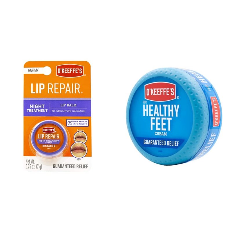 O'Keeffe's Lip Repair Night Treatment Balm - Moisturizing Formula for Soft Lips | 0.25 oz Jar & O'Keeffe's Healthy Feet Foot Cream - Intensive Hydration | 3.2 oz Jar