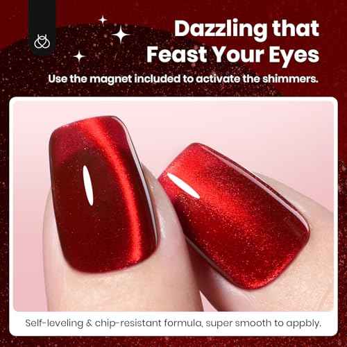 beetles Gel Polish Ruby Red Cat Eye Gel Nail Polish - 15ML Red Glitter Gel Polish Fall Nail Gel Magnetic Shimmer Effect Soak Off UV French Nail Art Design Salon DIY Manicure Gifts for Wome