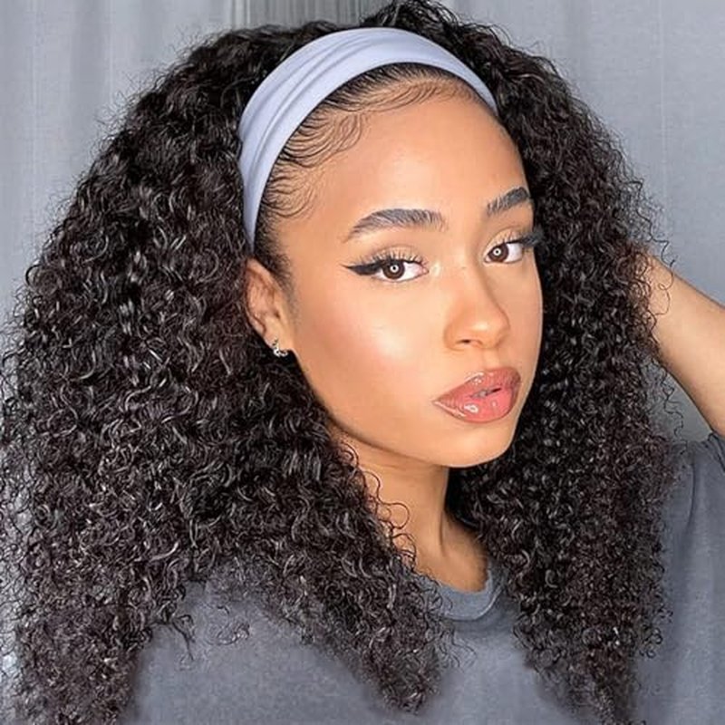 Headband Wig Human Hair Kinky Curly Headband Wigs for Black Women 18 Inch Human Hair Headband Wig Curly Human Hair Wig Half Wigs 150% Density Natural Black Color