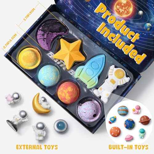 Space Bath Bombs for Kids with Surprise Inside, 8 Pack Kids Galaxy Bath Bombs with Space Toys for Toddler Boys Girls Handemade Rainbow Bubble Bath Fizzies Birthday Christmas Gift Set