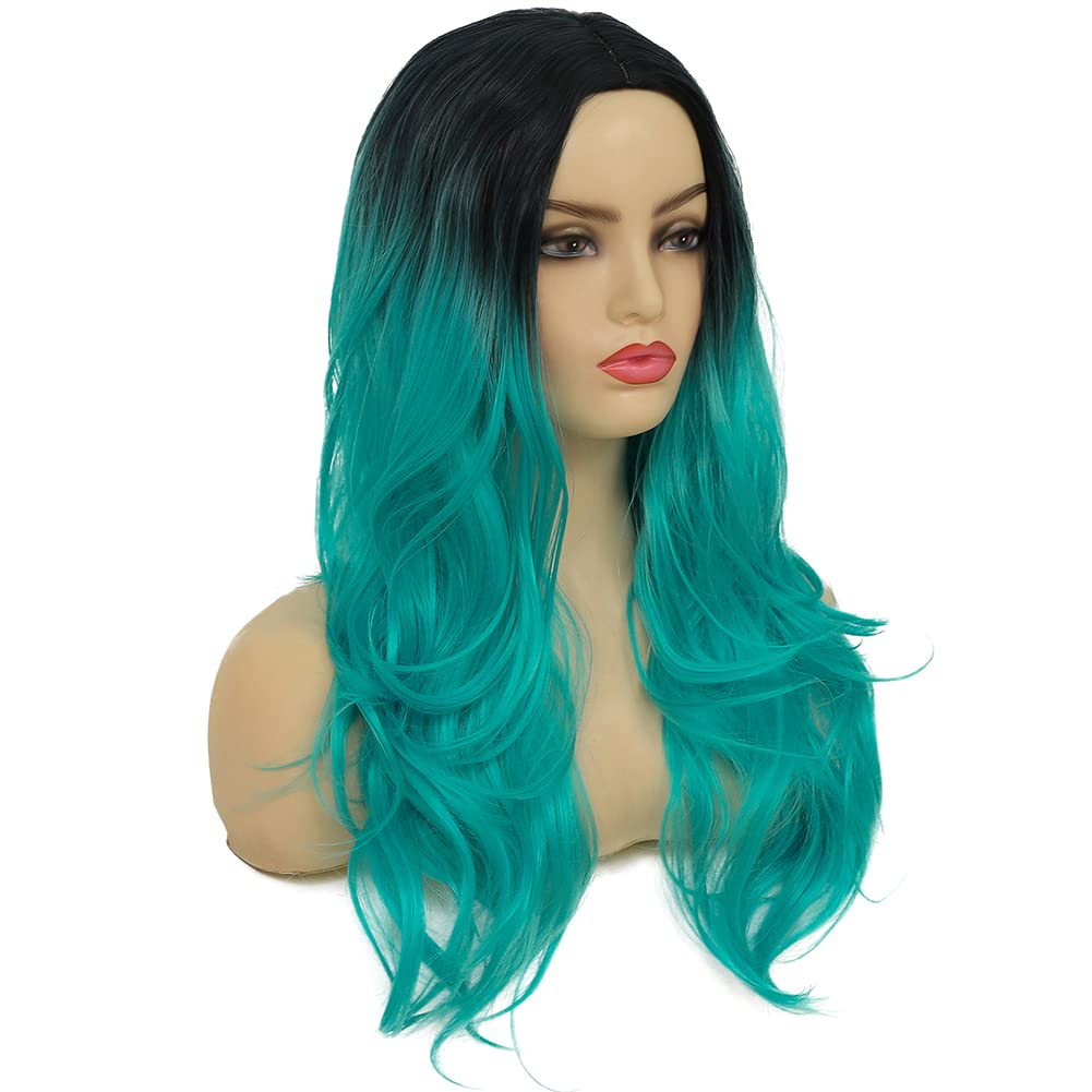 Swiking Curly Ombre Bluish Green Wigs for Women Long Wavy Natural Middle Part Dark Roots Blue Wave Hair Wigs Synthetic Wig for Party Cospaly Halloween