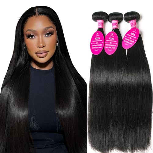 12A Straight Bundles Human Hair 18 20 22 Inch 3 Bundles Double Weft Brazilian Hair Extensions Straight Human Hair Bundles 100% Unprocessed Virgin for Women Natural Color