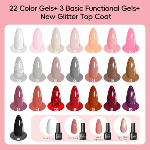 Peacecolor 39pc Gel Nail Polish Kit with U V Light, Pink Brown Nude Dark Red 22 Colors Pastel Gel Polish Kit with Base Top Coat Matte Glossy French Nail Art for Beginners Manicure DIY