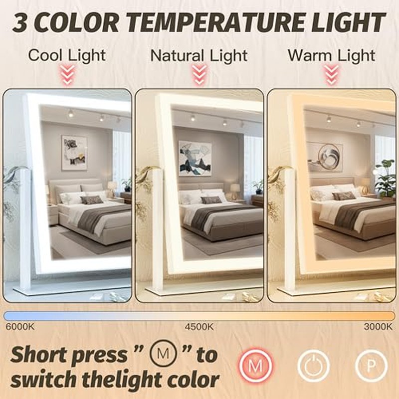 HNV Hollywood Vanity Mirror with Lights, 16.3"x12.6" Lighted Makeup Mirror with 10X Magnification, 3 Color LED, Smart Touch & 360¡Æ Rotation, Tabletop (White)