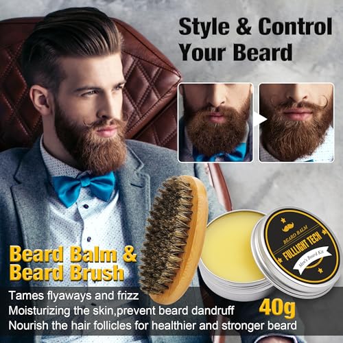 Beard Kit for Men Grooming & Care W/3 Pack Beard Oil, Wash, Balm, Comb, Brush, Scissors,Anniversary Valentines Birthday Fathers Gifts Idea for Husband Him Boyfriend Dad Men Christmas Stocking Stuffers