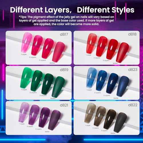 Beetles Jelly Gel Nail Polish Set - Jelly Magic Gel Polish, 6 Colors Pink Red Black Blue Green Purple Halloween Fall Gel Polish Kit Sheer Translucent Effect Soak Off UV Manicure DIY Gift for Women