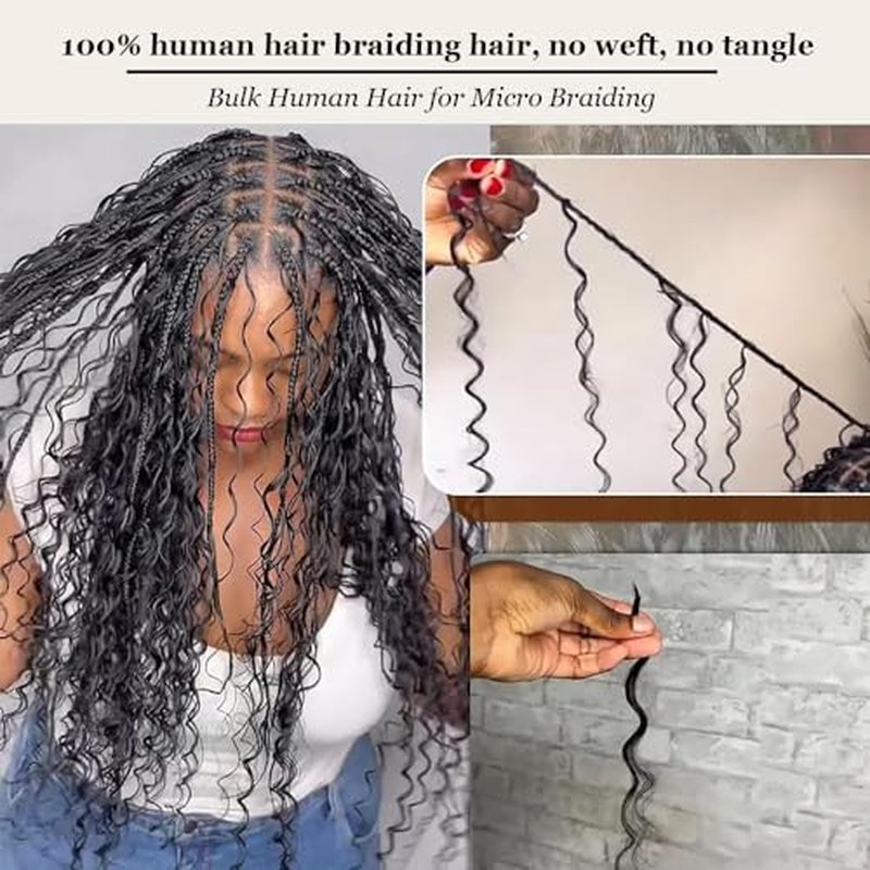 20 Inch Human Braiding Hair for Boho Braids Human Hair 100g 2 Bundles Deep Wave Bulk Human Hair for Braiding No Weft Curly Braiding Hair Bulk Hair Extensions Real Human Hair Natural Color