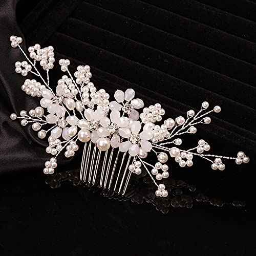 Teyglen Floral Pearl Crystal and Rhinestone Bridal Hair Comb for Brides and Women