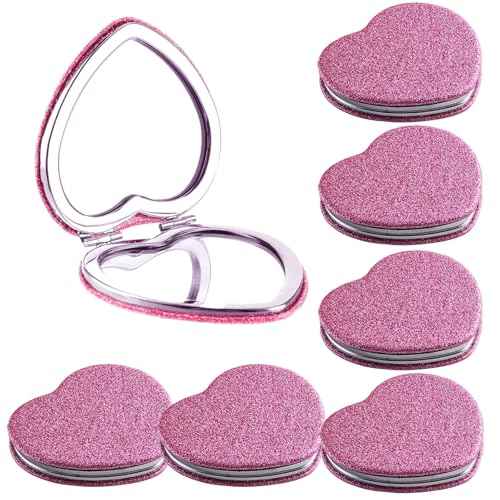 6 Pack Sparkly Pokect Heart Mirror Travel Compact Magnifying Folding Mirror for Purse Mini Vanity Cosmetic Lashes Makeup Double-Sided Cute Glitter Pink