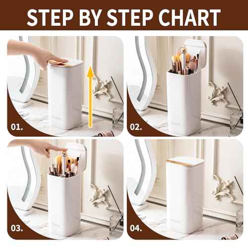 Makeup Brush Holder Organizer, One Touch for Open, Dustproof Make Up Organizer with Lid for Vanity Bathroom Countertop,White