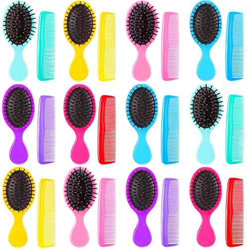 Nuogo 24 Pcs Mini Wet Hair Brush Combs Set Travel Detangling Soft Bristles Wet Dry Kids Hair Brush 12 Detangler Small Brushes 12 Plastic Combs for Baby(Bright Color)