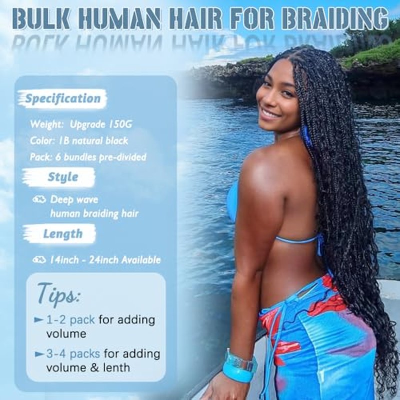 Human Braiding Hair for Boho Braids 150g 6 Bundles/Pack 20 Inch Deep Wave Bundles Human Hair Curly Boho Hair for Braiding 12A Bulk Braiding Hair Wet and Wavy Natural color