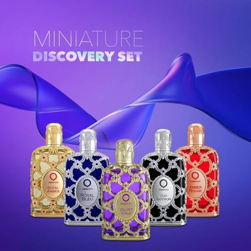 Orientica Luxury Collection Mini Perfume Gift Set for Men & Women, 5-Piece Discovery Set with Amber Rouge, Royal Amber, Oud Saffron, Velvet Gold & Royal Bleu, Unisex Fragrances for Every Occasion