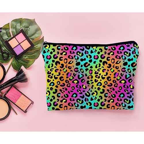 Colorful Neon Leopard Print Rainbow Makeup Bag Cosmetic Bag Zipper Pouch Toiletry Bags,Leopard Print Gifts for Women Teen Girls
