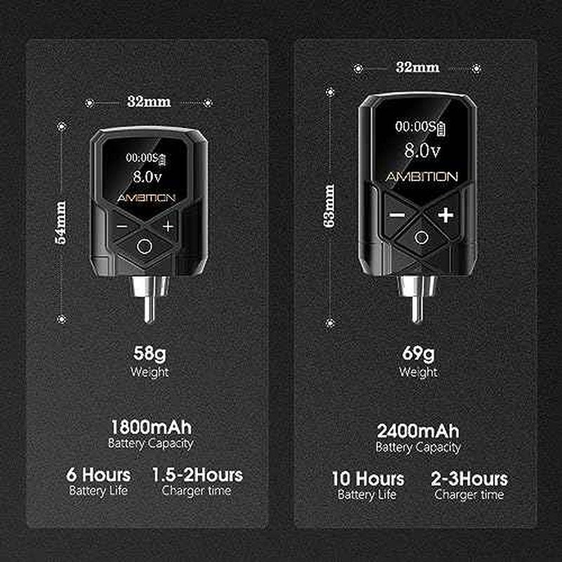 Tattoo Power Supply - Ambition 2Pcs Kuark Mini Wireless Portable RCA Tattoo 2400mAh & 1800mAh Lithium Battery Pack with LED Digital Display for Rotary Tattoo Machine