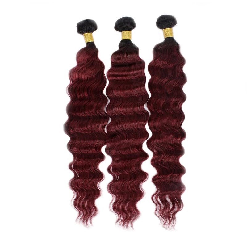 Ombre Burgundy Bundles Human Hair 1B99J Burgundy Deep Curly Bundle 12 14 16 Inch Ombre Loose Deep Wave Human Hair Bundles Unprocessed Brazilian Hair Extensions Double Weft