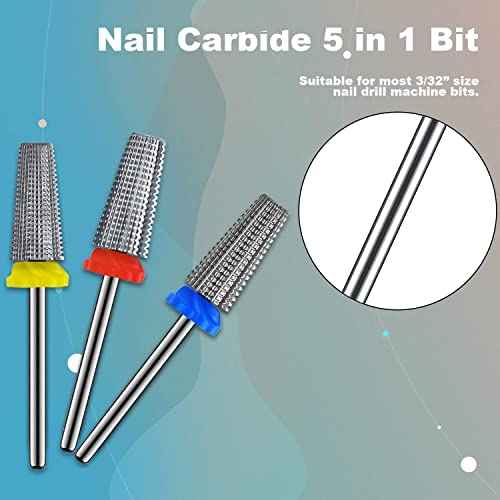 3Pcs Carbide 5 in 1 Nail Drill Bit Set- Two Way Rotate Use for Both Left and Right Handed- XF£¬ F£¬ M 3/32 Inches Brocas Para Drill Nails for Acrylic Nail Gel Fast Remove