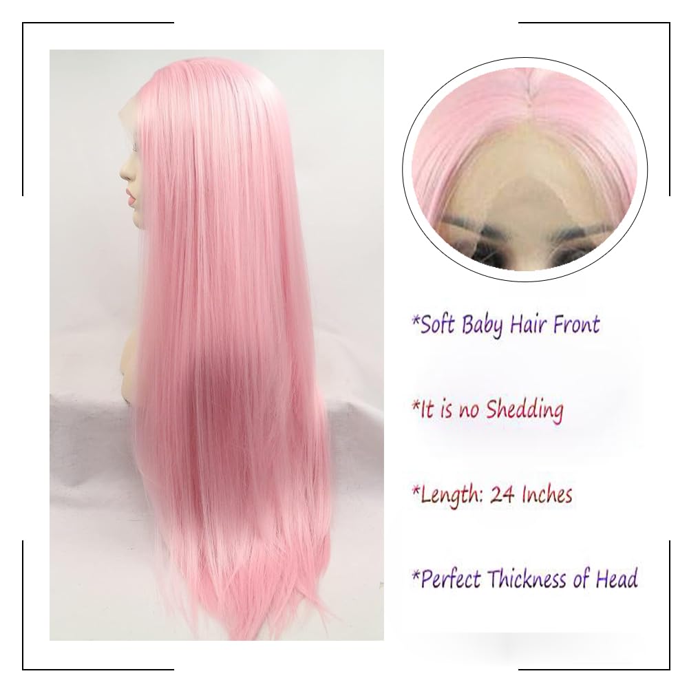 Angle Lucky Pink Lace Front Wig Long Silky Straight Light Pink Lace Wig Synthetic Heat Resistant Fiber Realistic Hairline Wigs for Women Cosplay Daily Use 24inch