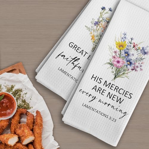 Christian Religious Gifts for Women, Christian Floral Kitchen Towels, Religious Scripture Bible Verse Kitchen Tea Towels Decorative Set, Lamentations 3 23 Bible Scripture Hand Dish Towels16x24in