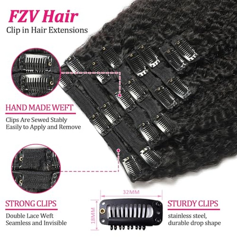 Kinky Straight Clip in Human Hair Extensions for Black Women 8Pcs 120g Seamless Kinky Straight Clip Ins 18Clips Double Weft Human Hair Full Head Hair Extensions (1B 22 Inch)
