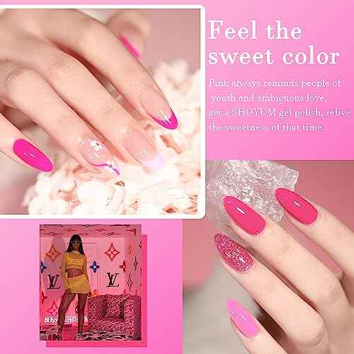 Pink Gel Nail Polish Set, Light/Hot Pink Cherry Blossom Strawberry All Seasons Soak Off Long Lasting Romantic 10 Colors Starter Kit DIY Home Gift for Girlfriend Woman Beginners