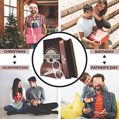 Beard Brush For Men & Beard Comb Set w/Mustache Scissors Grooming Kit, Natural Boar Bristle Brush, Dual Action Wood Comb, And Travel Bag Great For Christmas Gift