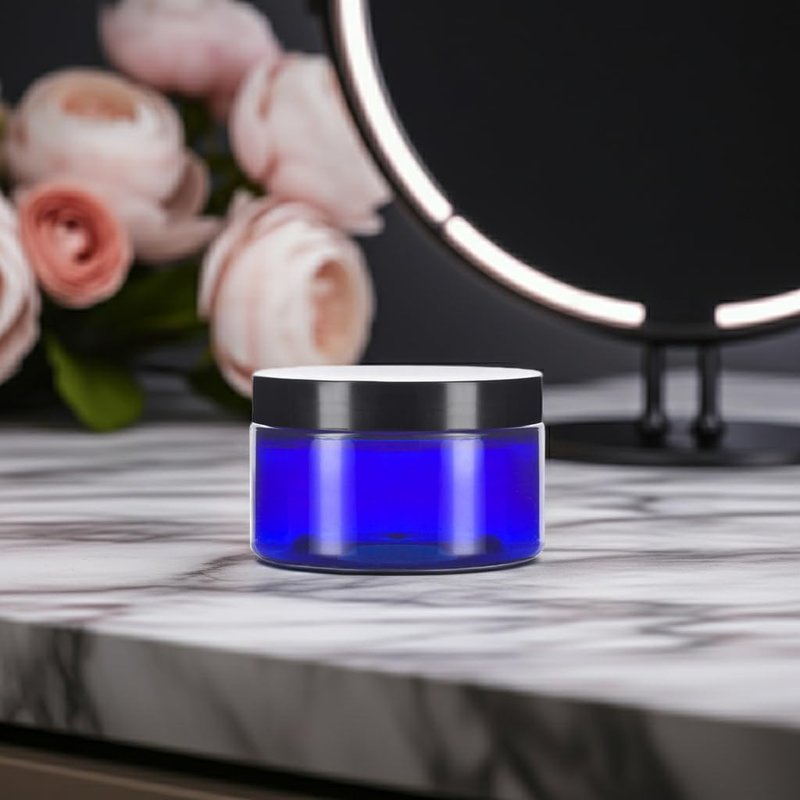 (12 pack) 6 oz Cobalt Blue PET Plastic Jar with Black Smooth Lid Storage Containers