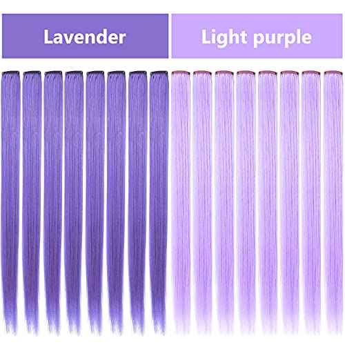 Colored Hair Extensions 21 inch Multicolors Party Highlights Straight Hair Extension Clip In/On For girls and Women Costume Wig Pieces 16 PCS (Lavender Light purple)