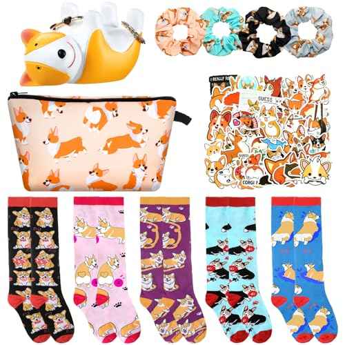 Hotop 61 Pcs Corgi Gifts Set for Dog Lovers Includes Corgi Socks Makeup Bag Ring Holder Cute Stickers Hair Scrunchies for Women Girls Dog Lovers