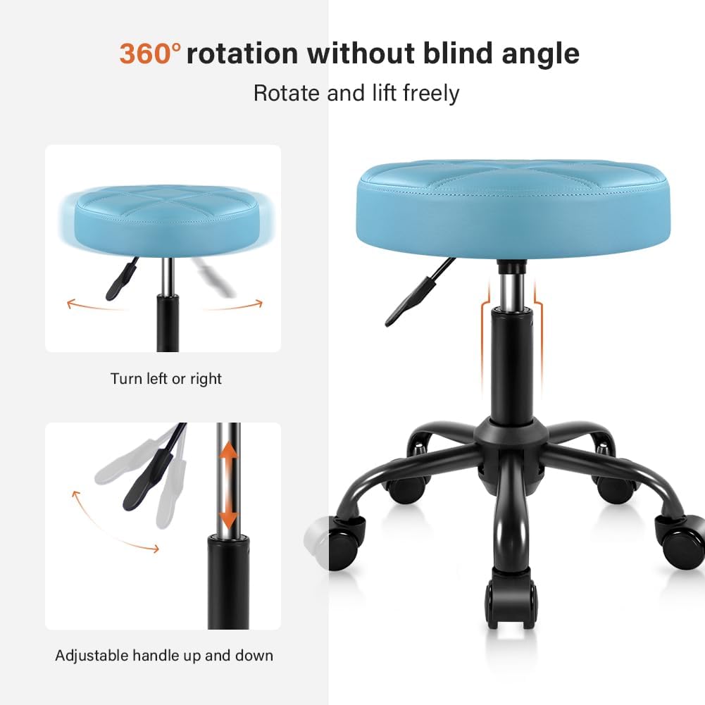 Height Adjustable Rolling Stool Chair - PU Leather, Sky Blue | Perfect for Salon & Spa