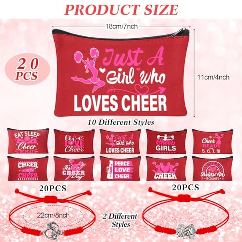 Mimorou 80 Pcs Cheer Gift Bulk for Team Cheerleader Gifts Include 20 Cheerleader Bracelet 20 Cheer Makeup Bag 20 Keychain 20 Scrunchies for Cheerleading Party Favors