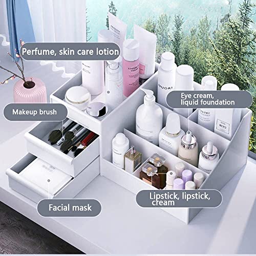Makeup Desk Organizer with Drawers, Countertop Organizer for Cosmetics, Vanity Holder for Lipstick, Brushes, Lotions, Eyeshadow, Nail Polish and Jewelry (White)