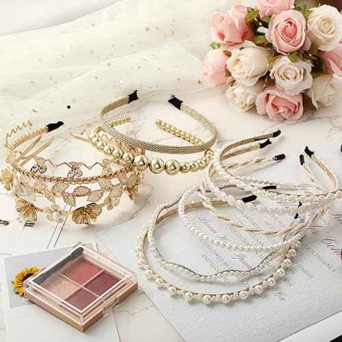 12 Pcs Pearls Headband Rhinestones Hairbands Faux Pearl White Bridal Headband Gold Alloy Flower Head Band Metallic Butterfly Hair Hoop Wedding Hair Accessories for Women, 12 Styles