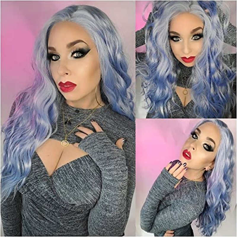 SAPPHIREWIGS Blue Wavy 13¡¿4 Lace Front Wig Long Hair Ice Blue Wigs for Women Heat Resistant Hair Daily Use Cosplay Party Halloween Wig 24inch