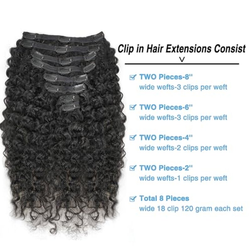 Burmese Curly Clip in Hair Extensions Real Human Hair 8Pcs Brazilian Human Hair Clip ins for Black Women With 18Clips 120g 14inch #1B Natural Black