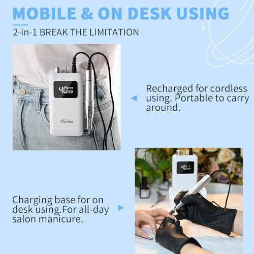 Kredioo Professional Nail Drill Brushless 40,000RPM Rechargeable 2-in-1 Portable Electric Nail File Ultra Silent Salon Must Haves Nail Tool Kit Removing Acylic Gels