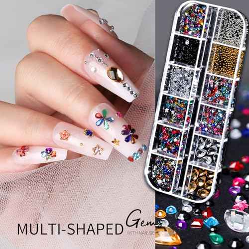Teenitor Nail Charms Nail Gems with 15 Sheets Gold Nail Stickers, 6 Boxes of Rhinestones for Nails Art Tools, 3D Nail Decals Pearls for Nails